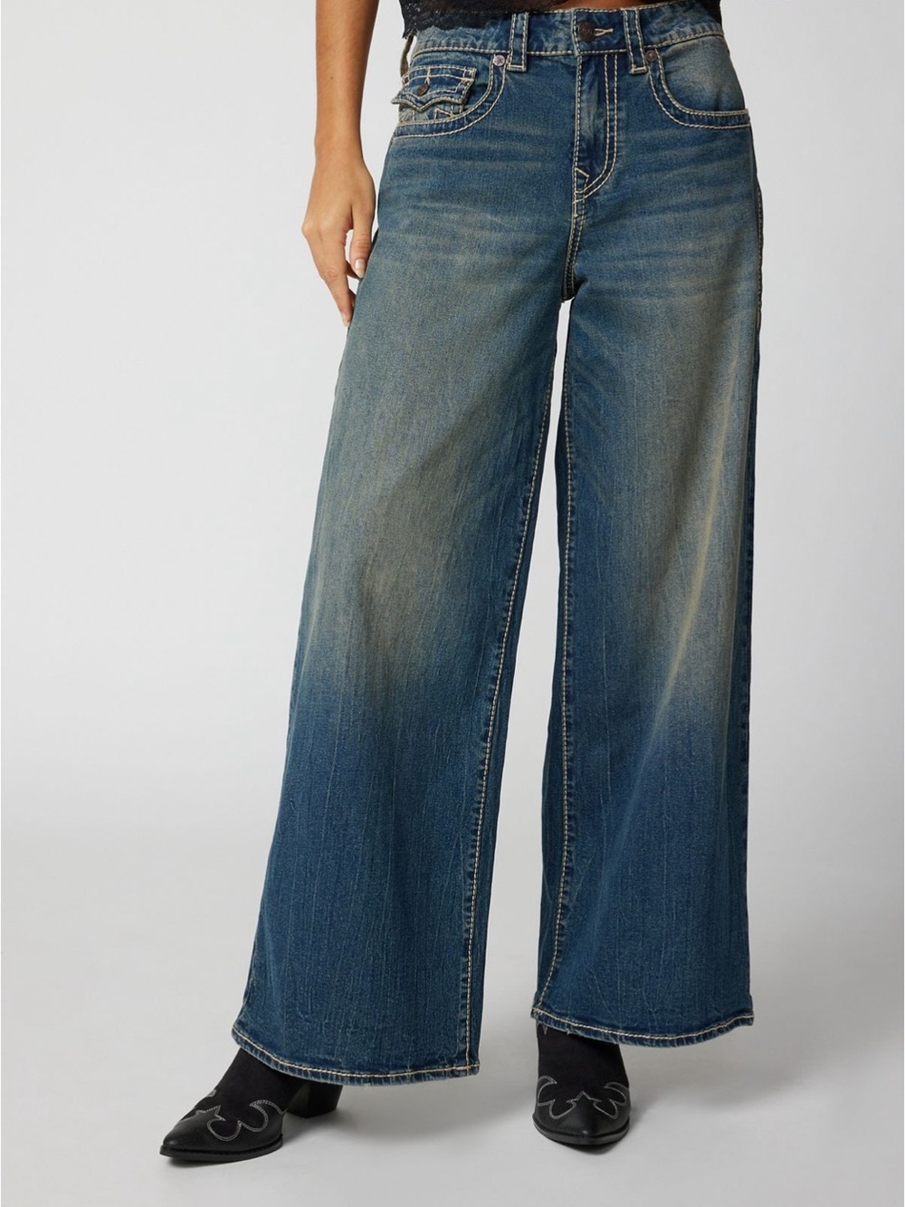 True Religion Low Loose wide Leg Jeans in Blue Wash